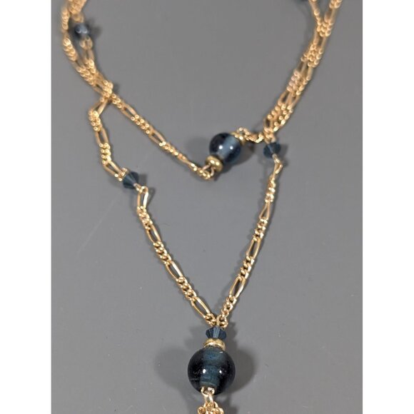 Retro Blue Glass Bead Gold Tone Figaro Multi Chain Tassel Layer Necklace 17" - Picture 4 of 7
